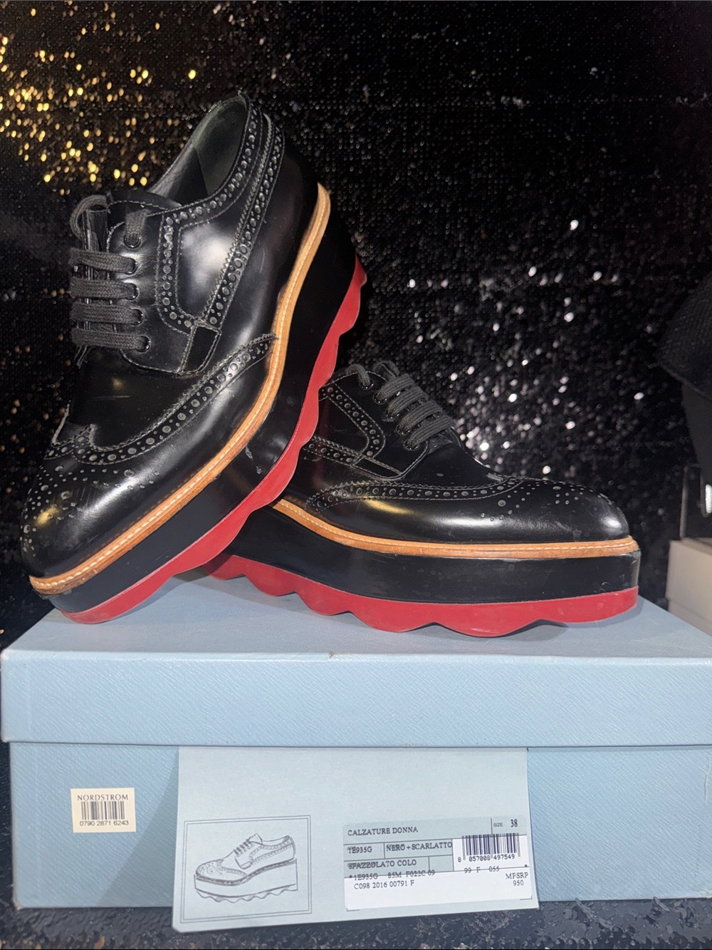 Prada Black Leather Wingtip Lace-Up Shoes with Red Platform Sole